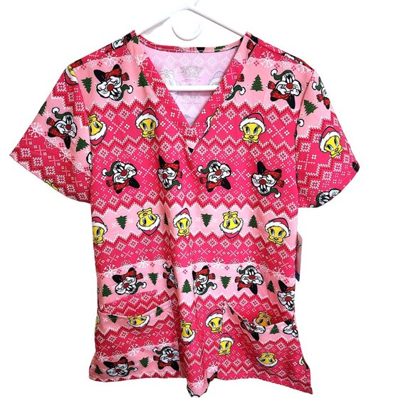 NEW Looney Tunes Tweety Bird and Sylvester the Cat Pink Christmas Scrub Top Sz M - Picture 1 of 12
